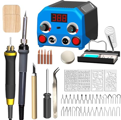 Wood Burning Machine, Pyrography Tool Wood Burning Pen Kit Station 2-in-1 Solid-Point 100-700℃ Adjustable 110W LCD Digital Soldering Iron Tin with 30 Nibs, 2 Pyrography Pens