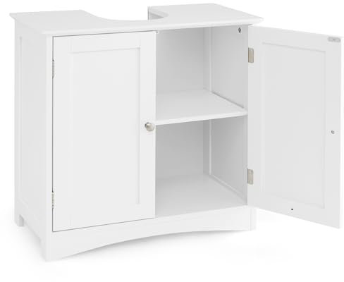 GOPLUS Meuble Salle de Bain sous Lavabo, 2 Portes, Étagère, Meuble Salle de Bain de Rangement sous Vasque avec Découpe en U 22x19cm, Grand Espace de Rangement, Style Moderne, 60x30x60cm, Blanc