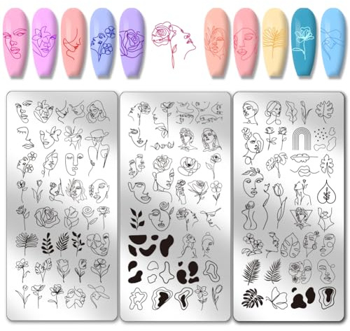 PH PandaHall 3pcs Abstract Faces Nail Art Templates, Abstract Flowers Leaves Nails Stamping Plate Line Woman Face Art Stencils Stainless Steel Image Plates for Women Nail Design Print Manicure Salon