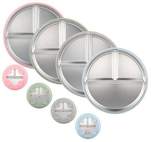 Cosmeria 4 Piece Children's Plates with Suction Base, Stainless Steel Baby Plates with Sections, BPA-Free, Suitable for Babies and Toddlers, Dishwasher Safe and Shatterproof