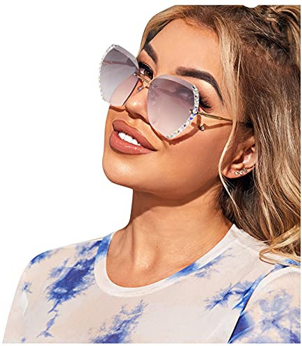 Lentes de sol de gran tamaño con diamantes de imitación para mujer, UV400, lentes degradados, glamurosos lentes de cristal para fiestas, vacaciones de verano, sesiones de fotos y estilo diario, gris