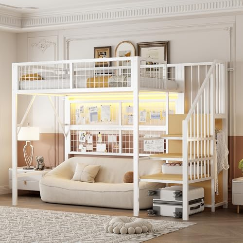 Kebnor Cama de hierro, litera, cama alta, adecuada para niños, versátil, de metal, con tiras de luz LED controladas por aplicación, escaleras con espacio de almacenamiento, armario abierto (blanco, 90