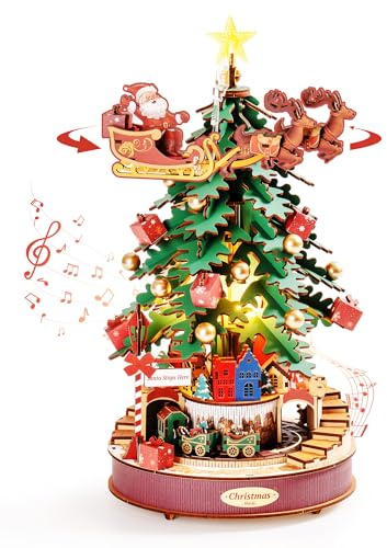 Rolife Maquette en Bois a Construire Boîte à Musique Sapin de Noël, Maquette 319 pièces – Puzzle 3D avec Tram Mobile & LED, Construction idéale en Bois pour Les décorations de Noël