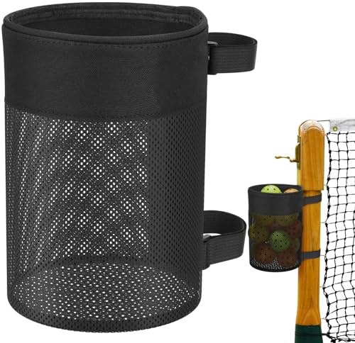 Easecos Pickleball Ball Holder Foldable Storage Mesh Bag for Pickleball Net Post, Large Storage Hanging Bag with Strap for Holding 18 Balls