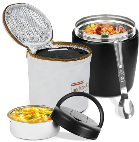 OLRWSLG Food Flasks for Hot Food 1.2L Stainless Steel Double Walled Insulated Food Container Insulated Thermal Food Jar Lunch Box Leakproof Soup Jar with Insulated Bag and Spoon for Outdoor Picnics
