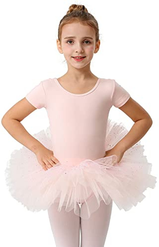 MdnMd Girls Toddler Dance Ballet Tutu Ballerina Dress Outfit Leotard Short Sleeve Glitter Skirt (Ballet Pink, Age 4-6 / 4t,5t)