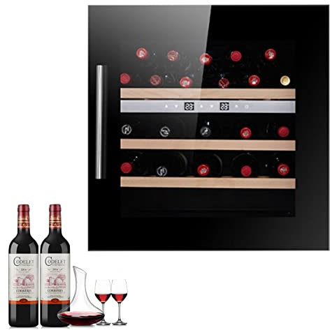 0℃ Outdoor Nevera para Vinos, Vinoteca para Bebidas, Empotrable, Puerta Acristalada, Pantalla LCD, Luz Interior LED, 30 Botella, Panel de Control Táctil, 72 L,Negro,Double Temperature
