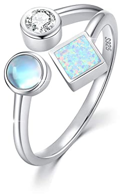 Anillos de ópalo de piedra de luna para mujer Anillo abierto ajustable con ópalo de plata esterlina Cubic Zirconia Joyería Regalos para mujeres y niñas