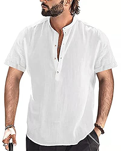 YAOBAOLE Chemise Lin Homme Manches Courtes Été Mao Décontractée Henley Shirts de Plage Classique