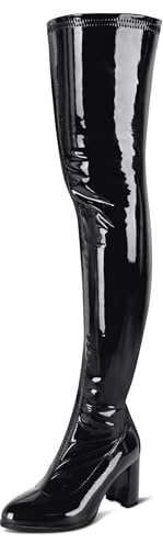 girgod Black Leather Boots Women's Black Thigh High Boots Chunky Block High Heeed Knee High Boots Side Zipper PU Leather Size 10