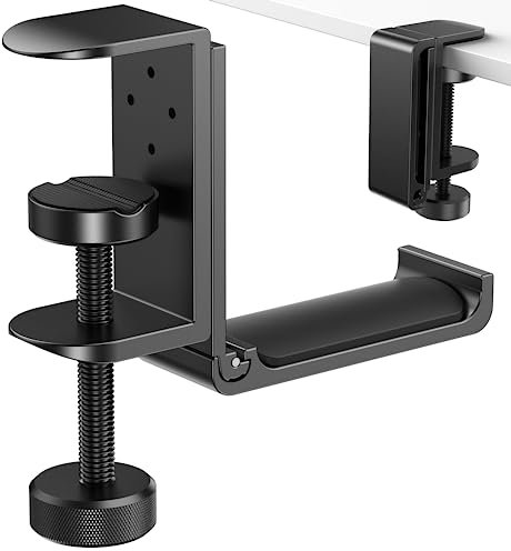 6amLifestyle Foldable Headphone Hanger Holder, Space-Saving Aluminum Soundbar Hook with Universal Fit for Gaming PC Accessories, Under Desk Clamp Mount, Black