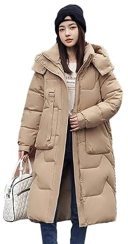 Adhdyuud Women's Long Parka Jackets Hooded Snow Coat Solid Puffer Jacket Big Pocket Cotton Padded Outerwear Khaki L