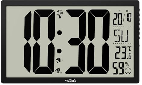 Youshiko XXL 14.76'' Jumbo LCD Radio Controlled (Official 2025 UK & Ireland Version) Silent Wall Clock with Temperature and Humidity display