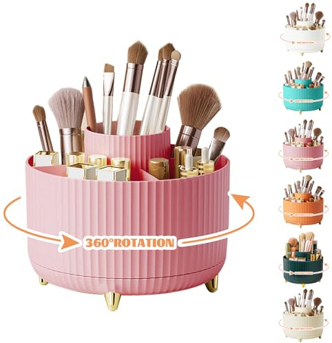 Organizador de maquillaje giratorio 360°, soporte para pinceles de maquillaje, almacenamiento de cosméticos con 5 compartimentos, organizador de tocador esthetic para decoración de habitaciones