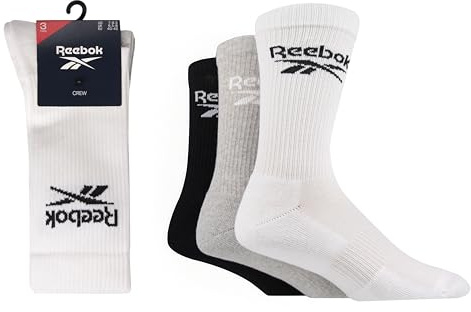 Reebok Chaussettes Hautes Homme Femme - Pour Marche Sport Quotidien Yoga Fitness, Confortables, Coton Respirant, Lavables, Crew, Lot de 3 Paires, Taille 40-42, Blanc/Grise/Noir
