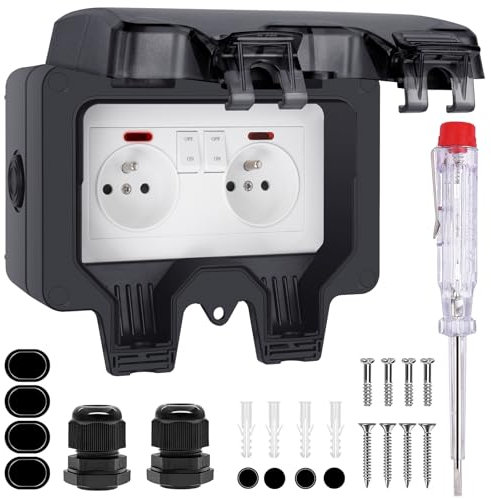 TIMLand Prise Extérieure Etanche IP66, Double Prise Electrique avec Interrupteur Témoin Lumineux Couvercle Anti-poussière Coupe-Vent Prise Murale Etanche pour Jardin Garage Terrasse Sous-sol Maison