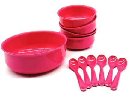 Kimmel Juego de cuencos con cuchara, 1 cuenco de 17 cm, 4 cuencos de 10 cm y cuchara, cuenco para compota, cuenco de postre, vajilla de camping, vajilla de plástico, color fucsia