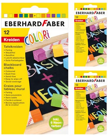 EBERHARD FABER 599031 - Tizas de Pizarra Colori, 36 tizas en 12 Colores básicos y neón