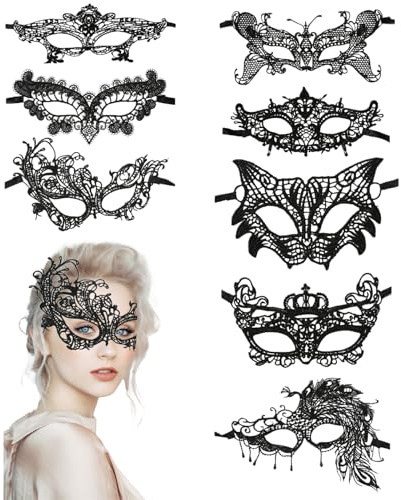 AYNKH 8 Stück Maskerademaske, schwarze Spitzenmaske, Venezianische Maskerade, für Halloween, Maskerade, Karneval, Party, Ball, Kostüm, Schwarz (8 verschiedene Modelle)