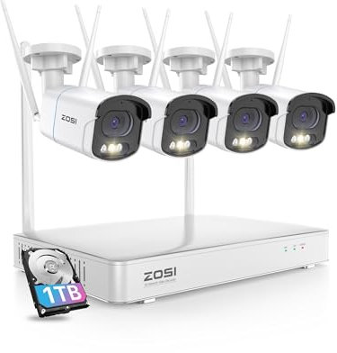 ZOSI 4MP Kit Cámaras de Vigilancia WiFi 4X Cámara de Seguridad Exterior con 8CH H.265+ Grabador NVR y 1TB HDD, Visión Nocturna en Color, Detección y Alarma de Persona