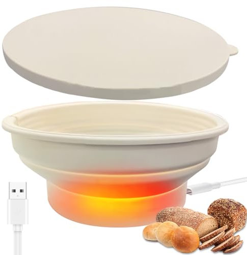 Cesta para hornear pan con calentador, cuenco redondo plegable de silicona de 9 pulgadas, cuenco a prueba de pan para hacer pan, yogur, para panes de 1.5 a 2.2 libras