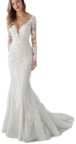 Abito da sposa a sirena con scollo a V a maniche lunghe in tulle con applicazioni in pizzo