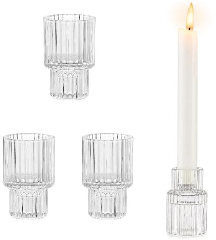 YFaith Bougeoir en Verre, 4 Pièces Photophore Bougie, Transparent à Double Usage Support Bougie, Rayures Verticales Bougeoir Transparent, pour Maison, Restaurant, Fête Mariage