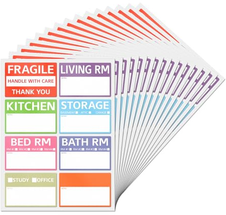 YIKIADA Home Moving Labels Vinyl 8 Color Coded Packing Box Stickers with Fragile and Blank Customizable Writable Notes Areas Tag 76.2 × 50.8 mm for House Wardrobe Furniture Apartment 128 PCS