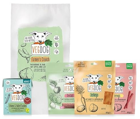 VEGDOG Farmer's Favourite Probierbundle mit hypoallergenem Alleinfutter und Snacks, Einsteiger Paket