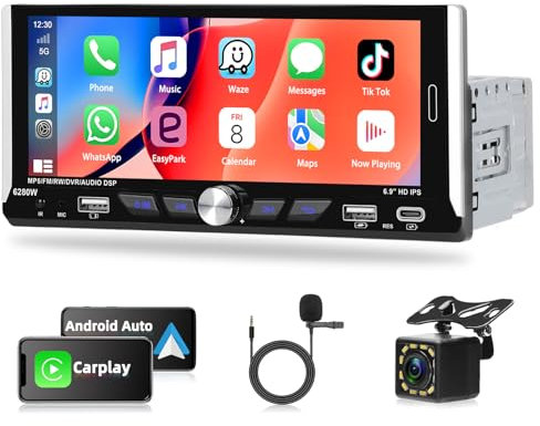 Autoradio Motorsi Single Din con A-pple Carplay Android Auto,Touchscreen IPS da 6,9'' Stereo Radio 1 Din Bluetooth con Retroilluminazione Colorata/EQ/FM/RDS/USB e Type-C+Telecamera per la Retromarcia