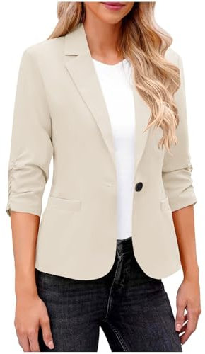 Dyhxuan Blazer Damen Beige Elegant 3/4 Arm Blazer Jacke Casual Sportlich Reverskragen Anzug Vorne Offener Anzugjacke Trenchcoat Business Jacket fürs Büro