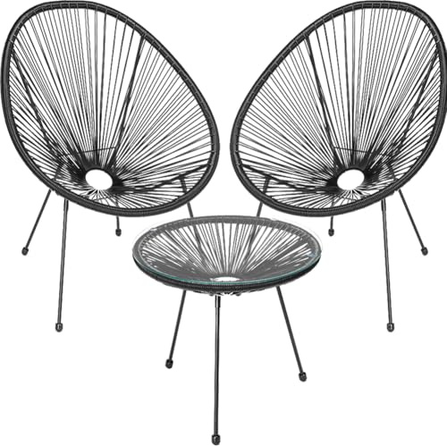 Shally Dogan Freddy - Juego de decoración de jardín de polirratán de Dos plazas con Mesa, 2 sillones de Huevo, 1 Mesa de Exterior, salón, Patio, balcón, Restaurante, bistró, Bar (Negro)