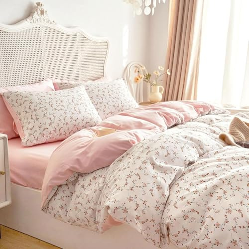 Lanqinglv Ropa de cama de 200 x 200 cm, color rosa y blanco, hojas y flores, diseño de plantas, reversible, de microfibra, funda nórdica con cremallera y 2 fundas de almohada de 80 x 80 cm