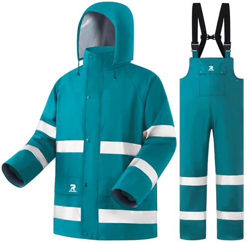 Rain Suits for Men Women Waterproof Reflective Rain Jacket Bib Pants for Safety Heavy Duty Rain Gear Fishing（Blue Green, XL）