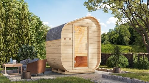 Chillroi Karibu Fasssauna Carlotta in versch. Größen inkl. Saunaofen 9kW Außensauna Gartensauna (Größe M 175 cm)