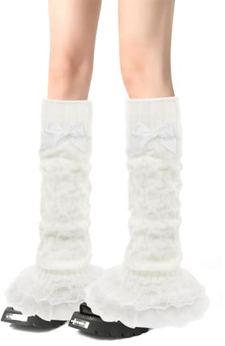 GNOLONG Costine Scaldamuscoli Ruffle Lace Fancy 80 s Y2k Inverno scaldamuscoli donne ragazze per il vestito da partito Cosplay (White)