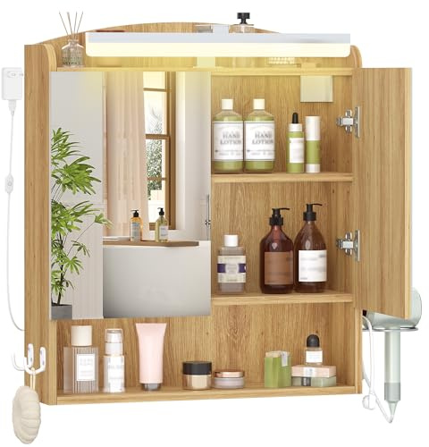 Hzuaneri Specchio Bagno Contenitore, Mobiletto a specchio con illuminazione a LED, porta asciugacapelli e ganci, mobile specchio bagno, con Ripiano Regolabile, 16,5 x 60 x 68,5 cm, Colore Rovere