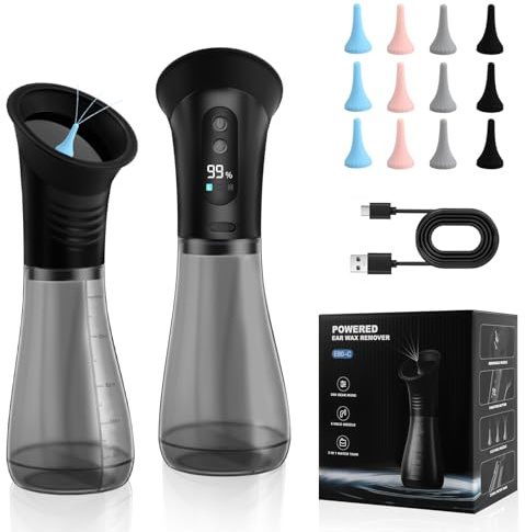 Mapille Nettoyeur d’Oreilles Électrique Rechargeable 2-en-1, Nettoyeur Oreille Adultes avec Double Réservoir, 3 Modes de Pression, IPX7 Étanche, 12 Embouts Réutilisables