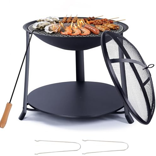 Hoapin Brasero Exterior con Parrilla y Protector Antichispas, Estufa Jardín y Terraza, Jardín Chimeneas de Hierro para Carbón Ø 55 cm