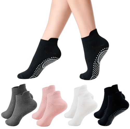 Soleeya 4 Paires Chaussettes Antidérapantes Femme Pilates, 35-40 Respirant Chaussettes Pilates Femme Courtes Chaussette Yoga Coton pour Barre Ballet Danse Fitness