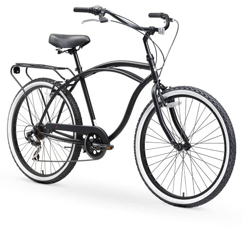 sixthreezero Around The Block Men's Beach Cruiser Bike, 7-Speed Hybrid Bicycle with Rear Rack, 26-Inch Wheels, Mattte Black