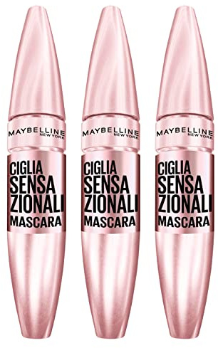 3x Maybelline New York Ciglia Sensazionali Mascara Volumizzante Colore Very Black Effetto Ventaglio Senza Grumi - 3 Mascara