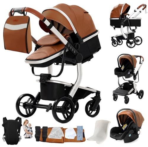 Magic ZC PU Leather 3 in 1 Pushchair Pram Travel System, Baby Stroller 3 in 1 with Reversible Two Pushing Modes, Newborn Infant Carriage One-Click Folding, Toddler Buggy Aluminum Frame (Khaki 518)