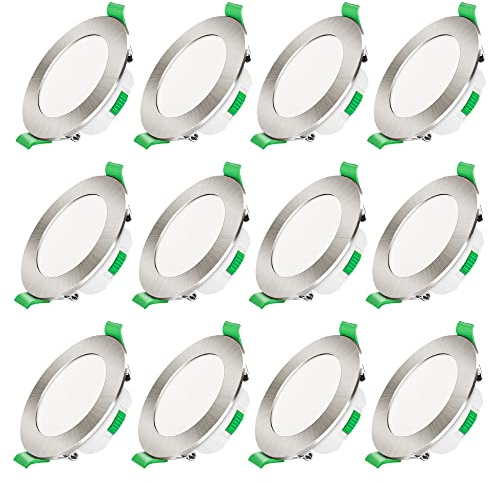 ALUSSO 3CCT LED Downlights Ceiling Dimmable 7W IP44 Cutout 67-75MM 12 Pack | Slim Recessed Ceiling Lights, 3000K 4000K 6500K Selectable Bathroom Kitchen Spotlights, Round Brushed Nickel
