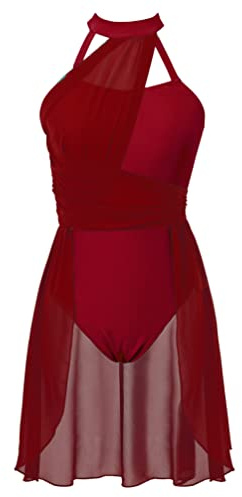 HULIJA Vestido de ballet para mujer, vestido de danza, cuello halter, vestido de patinaje artístico con falda asimétrica de gasa, traje de ballet, maillot moderno y lírico, granate, S