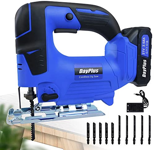 Electric Jigsaws Tool Cordless Mini Jigsaw with Battery and Charger for Wood, Soft Metal, Tile and Plastic Cuts, Angle Cut ± 45 °, 4 Orbital Sets, Tool-Less Blade Change, 10pcs Saw Blades