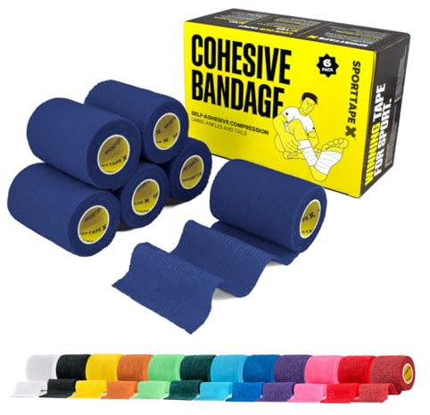SPORTTAPE 6 Rolls Self-Adhesive Cohesive Bandage, 7.5cm x 4.5m, Navy Blue | Compression & Vet Wrap for Dogs, Horses, Sports Stretch Tape for Football, Ankles, Joints, Fingers, Wrists & Sock Tape