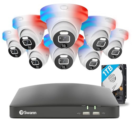 Swann Sistema de cámara de Seguridad HD de 1080p, DVR de 8 Canales con Disco Duro de 1 TB, 8 cámaras Domo con Cable para Interiores y Exteriores, vigilancia doméstica 24/7, visión Nocturna a Color,