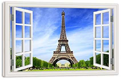 VFUNZA Fenetre Tableau avec Cadre en Bois Paris Tour Eiffel 3D Fausse Fenêtre Paysage Urbain Image Impression sur Toile Tableau Decoration Murale Salon 80x120cm31x47in Encadrée