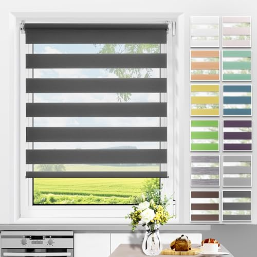 Allesin Doppelrollo Klemmfix ohne Bohren & mit Bohren, Duo Rollos für Fenster und Tür, Klemmrollo Fensterrollo lichtdurchlässig Sichtschutz, B50 x H120cm (Stoffbreite 50cm) Anthrazit